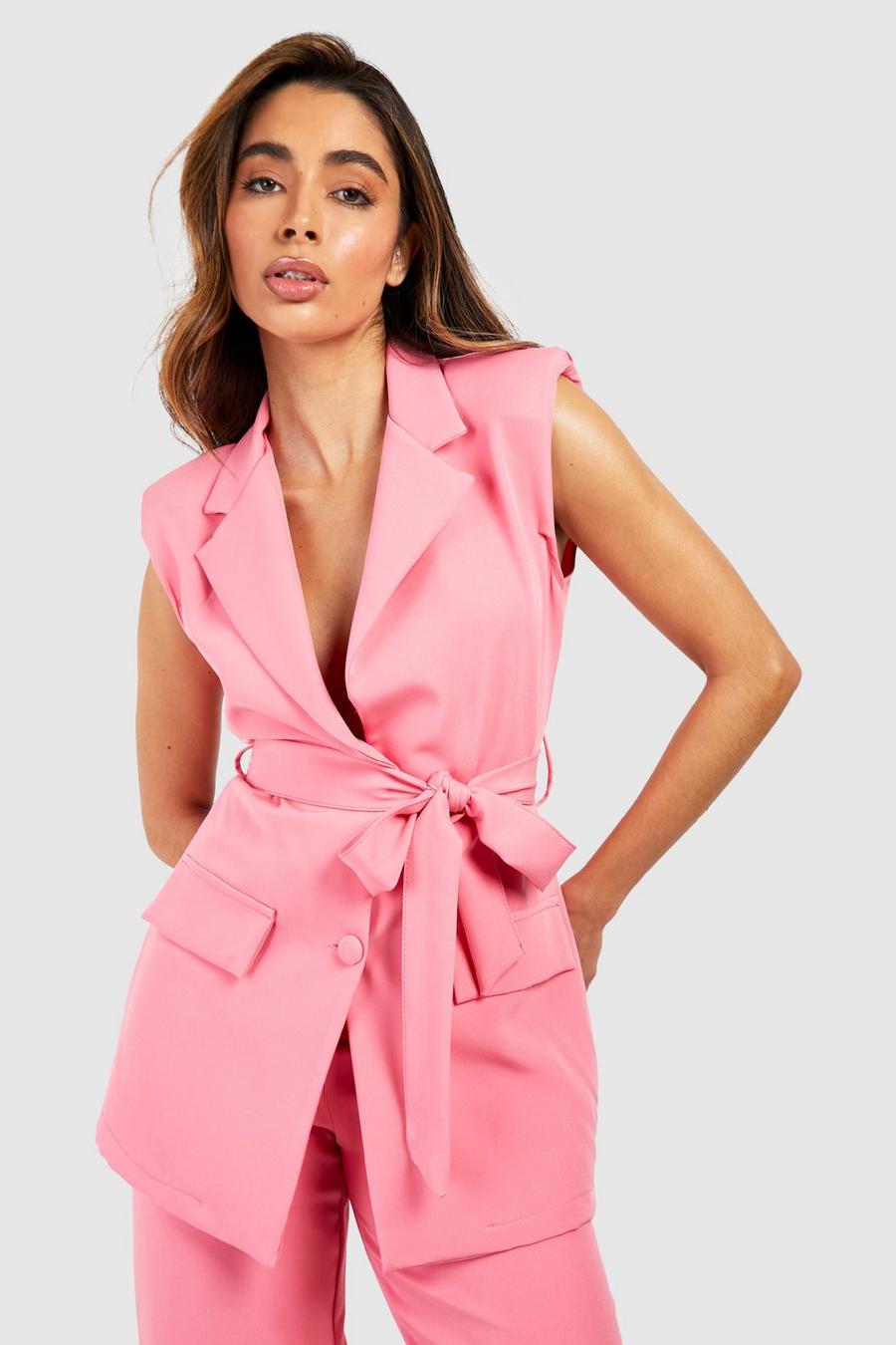 Candy pink Belted Tailored Sleeveless Blazer